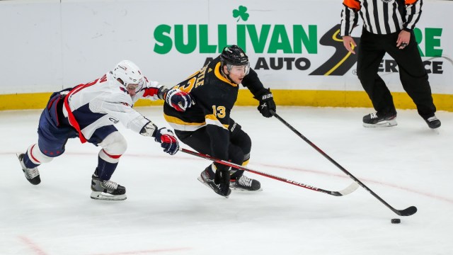 Boston Bruins winger Charlie Coyle (13) and Washington Capitals defenseman Dmitry Orlov (9)