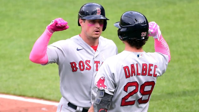 Boston Red Sox right fielder Hunter Renfroe (left) and first baseman Bobby Dalbec