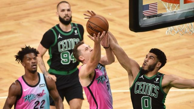 Boston Celtics wings Jayson Tatum, Evan Fournier, Miami Heat