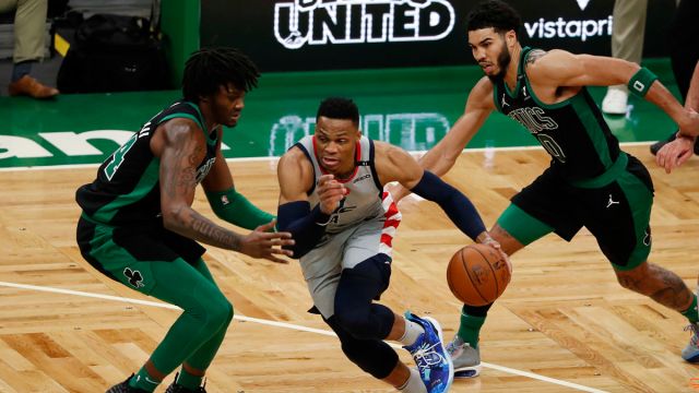 Washington Wizards guard Russell Westbrook and Boston Celtics forward Jayson Tatum
