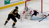 Boston Bruins left wing Taylor Hall and Washington Capitals goalie Ilya Samsonov