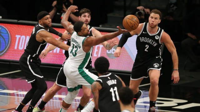 Boston Celtics center Tristan Thompson (13) and Brooklyn Nets players
