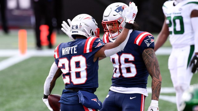 New England Patriots running back James White, tight end Devin Asiasi