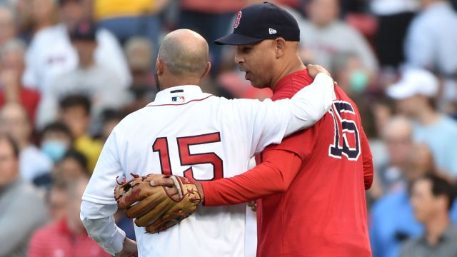 Former Boston Red Sox second baseman Dustin Pedroia and Red Sox manager Alex Cora