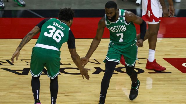 Boston Celtics guards Marcus Smart and Jaylen Brown