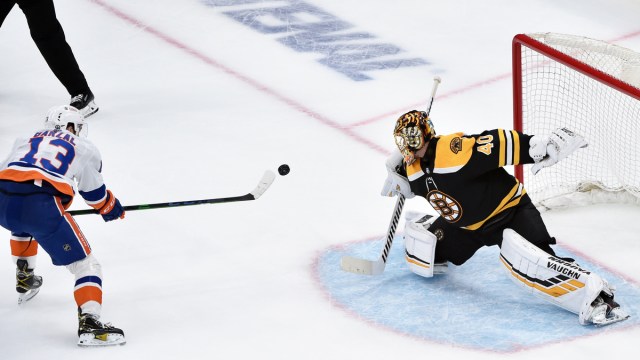 Boston Bruins goalie Tuukka Rask, New York Islanders forward Mat Barzal
