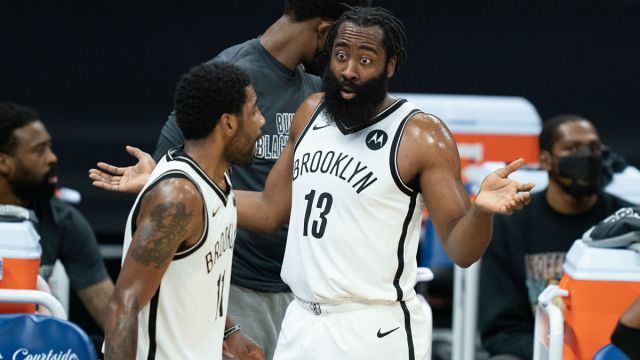 Brooklyn Nets guards James Harden and Kyrie Irving