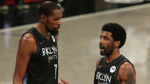 Brooklyn Nets players Kevin Durant and Kyrie Irving