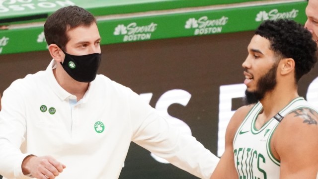 Boston Celtics president of basketball operations Brad Stevens (left) and forward Jayson Tatum