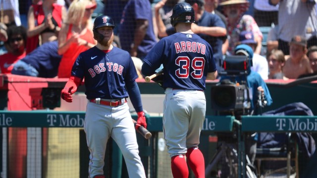 Boston Red Sox second baseman Christian Arroyo (39) and left fielder Alex Verdugo (99)