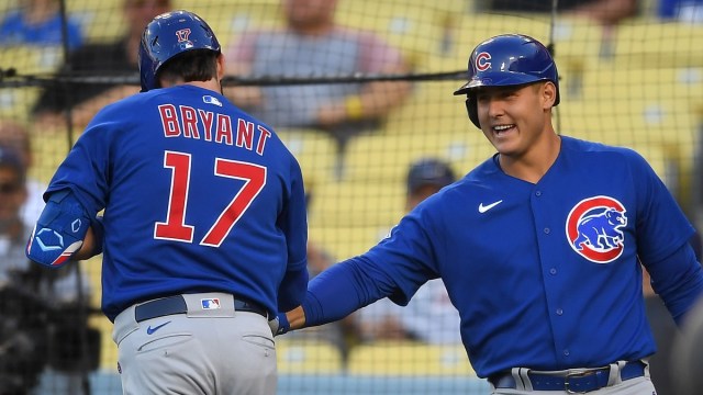 Chicago Cubs third baseman Kris Bryant (17) and first baseman Anthony Rizzo (44)