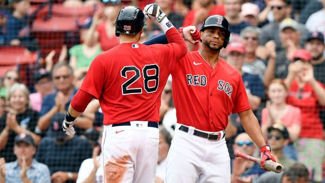 Boston Red Sox players J.D. Martinez and Xander Bogaerts