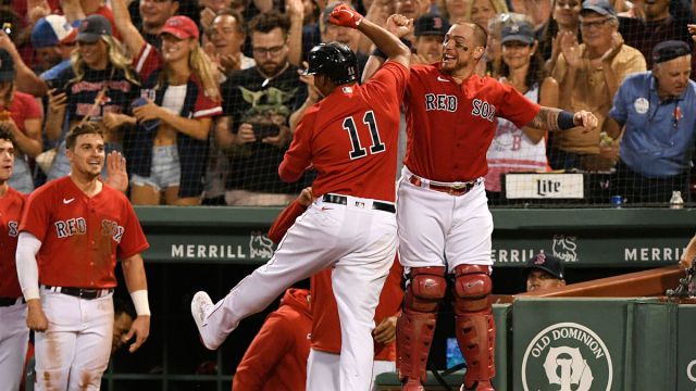 Boston Red Sox third baseman Rafael Devers and catcher Christian Vasquez