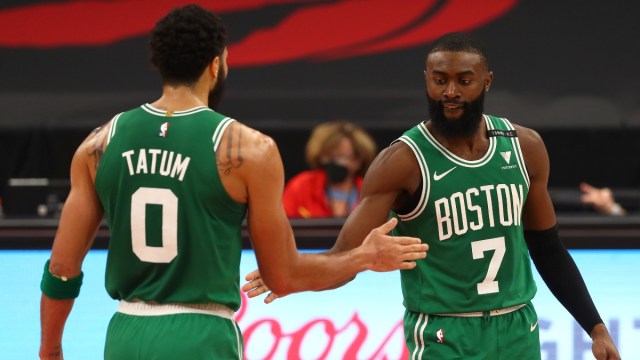 Boston Celtics forward Jayson Tatum (0) and guard Jaylen Brown (7)