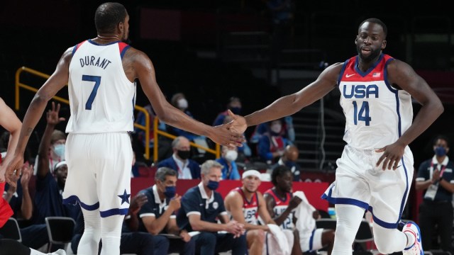 USA player Kevin Durant (7) and USA player Draymond Green (14)
