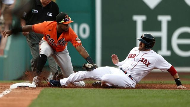Baltimore Orioles third baseman Maikel Franco, Boston Red Sox designated hitter J.D. Martinez