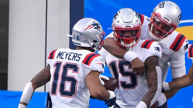 New England Patriots quarterback Cam Newton, wide receivers Jakobi Meyers and N'Keal Harry