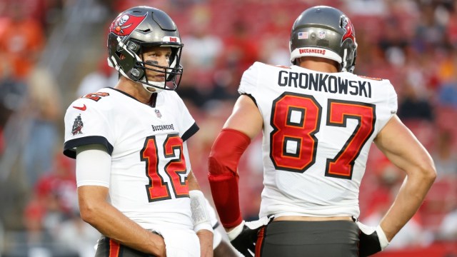 Tampa Bay Buccaneers quarterback Tom Brady (left) and tight end Rob Gronkowski