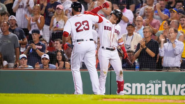 Boston Red Sox first baseman Travis Shaw and second baseman Kike Hernandez