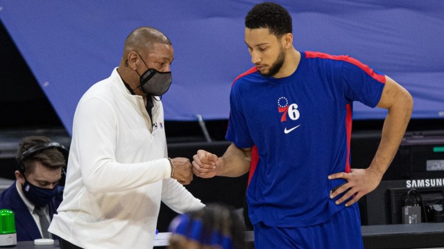 Philadelphia 76ers head coach Doc Rivers (left) and point guard Ben Simmons
