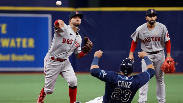 Boston Red Sox infielder Jonathan Araúz and Tampa Bay Rays designated hitter Nelson Cruz