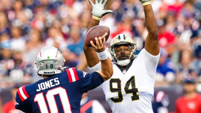 New England Patriots quarterback Mac Jones and New Orleans Saints defensive end Cameron Jordan