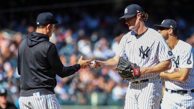 New York Yankees manager Aaron Boone, pitcher Gerrit Cole
