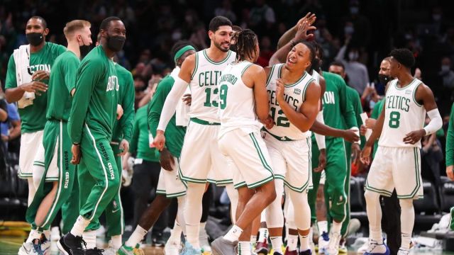 Boston Celtics' Romeo Langford, Grant Williams, Enes Kanter