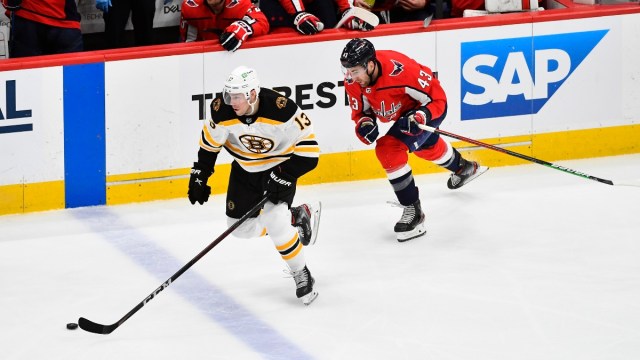 Boston Bruins center Charlie Coyle (13) and Washington Capitals right wing Tom Wilson (43)