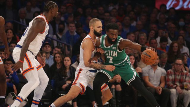 New York Knicks guard Evan Fournier and Boston Celtics guard Jaylen Brown