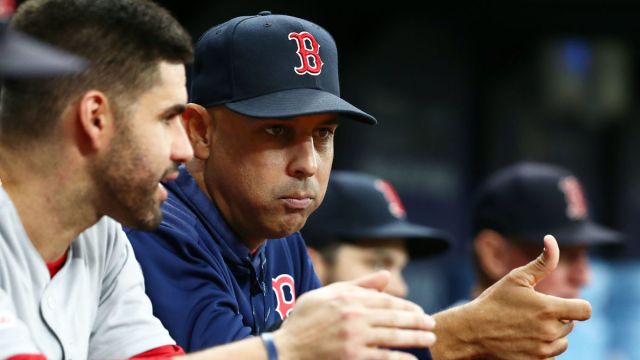 Boston Red Sox designated hitter J.D. Martinez, manager Alex Cora