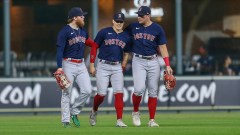 Boston Red Sox outfielders Kiké Hernández, Hunter Renfroe and Alex Verdugo