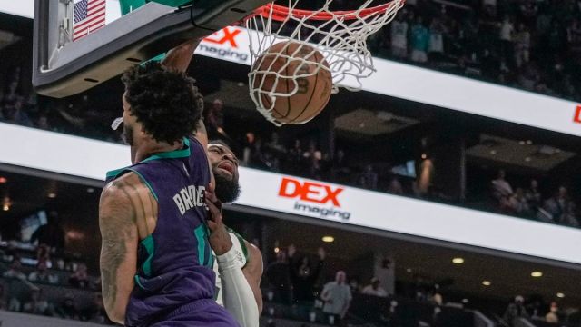 Charlotte Hornets forward Miles Bridges and Boston Celtics guard Jaylen Brown