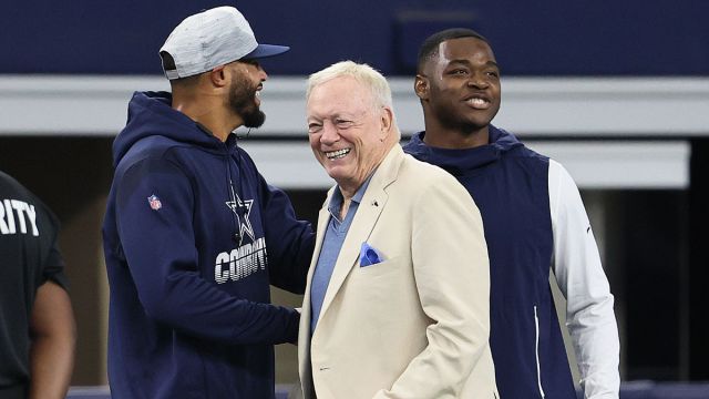 Dallas Cowboys owner Jerry Jones, quarterback Dak Prescott and receiver Amari Cooperr