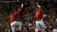 Boston Red Sox second baseman Kike Hernandez and designated hitter Kyle Schwarber