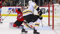 Boston Bruins left wing Erik Haula scores goal