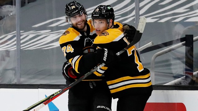 Boston Bruins wingers Jake DeBrusk and Taylor Hall