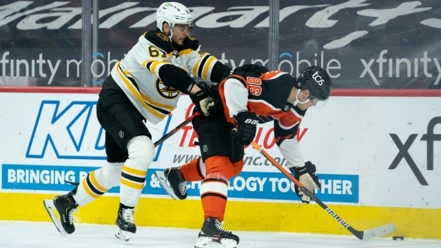 Boston Bruins defenseman Jakub Zboril, Philadelphia Flyers forward Joel Farabee