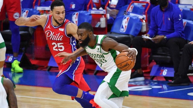 Boston Celtics guard Jaylen Brown (7) and Philadelphia 76ers guard Ben Simmons (25)