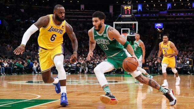 Los Angeles Lakers forward LeBron James, Boston Celtics forward Jayson Tatum