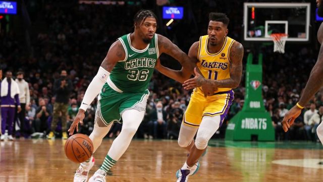 Boston Celtics guard Marcus Smart, Los Angeles Lakers guard Malik Monk