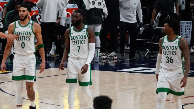 Boston Celtics guard Marcus Smart, Jayson Tatum and Jaylen Brown