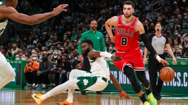 Boston Celtics guard Jaylen Brown, the Chicago Bulls' Zach LaVine