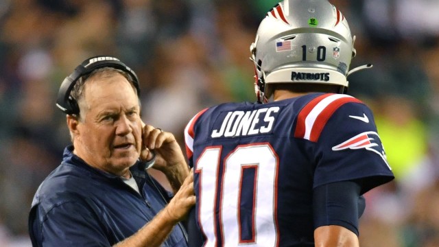 New England Patriots head coach Bill Belichick with quarterback Mac Jones (10)