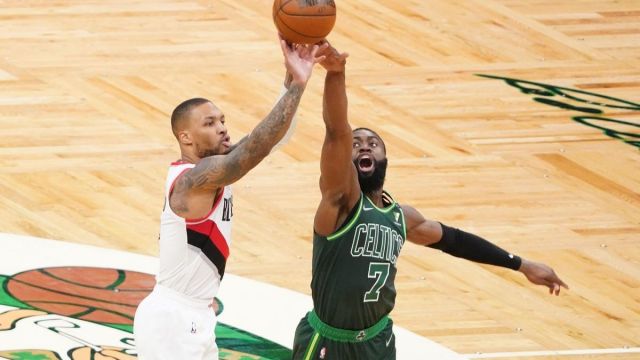 Portland Trail Blazers guard Damian Lillard, Boston Celtics wing Jaylen Brown