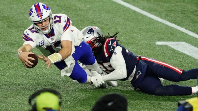 Buffalo Bills quarterback Josh Allen, New England Patriots safety Kyle Dugger