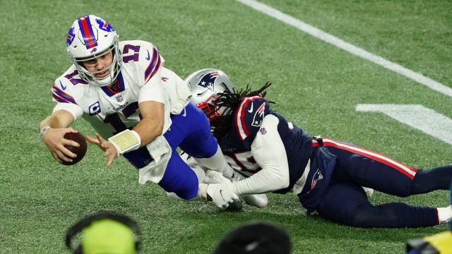 Buffalo Bills quarterback Josh Allen, New England Patriots safety Kyle Dugger
