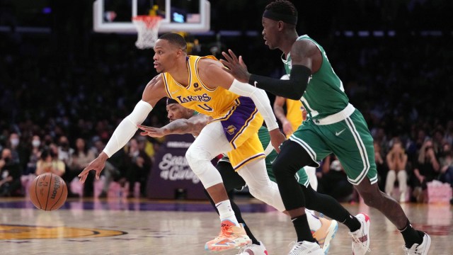Boston Celtics guards Dennis Schroder and Marcus Smart, Los Angeles Lakers guard Russell Westbrook