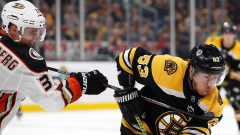 Anaheim Ducks right wing Jakob Silfverberg (33) and Boston Bruins left wing Brad Marchand (63)