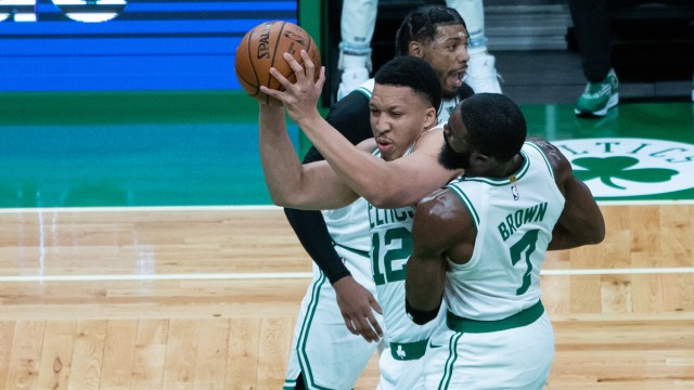 Boston Celtics guard Jaylen Brown, forwardGrant Williams, Marcus Smart